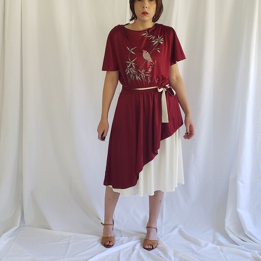 70s Red and‎ White Dress with Bird Print